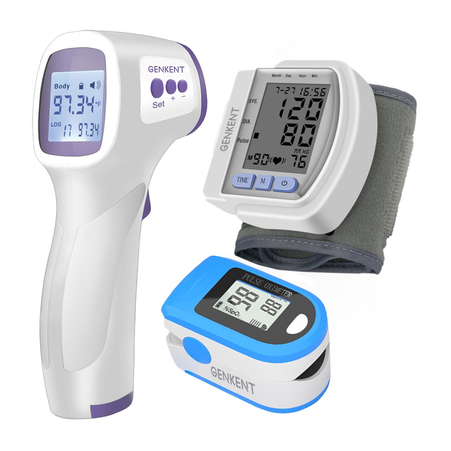 WM GENKENT Healthcare Kit with Arm Blood Pressure Monitor (CK-102S), Touchless Digital Infrared Forehead Thermometer and Oximeter, Gift for Mother's Day