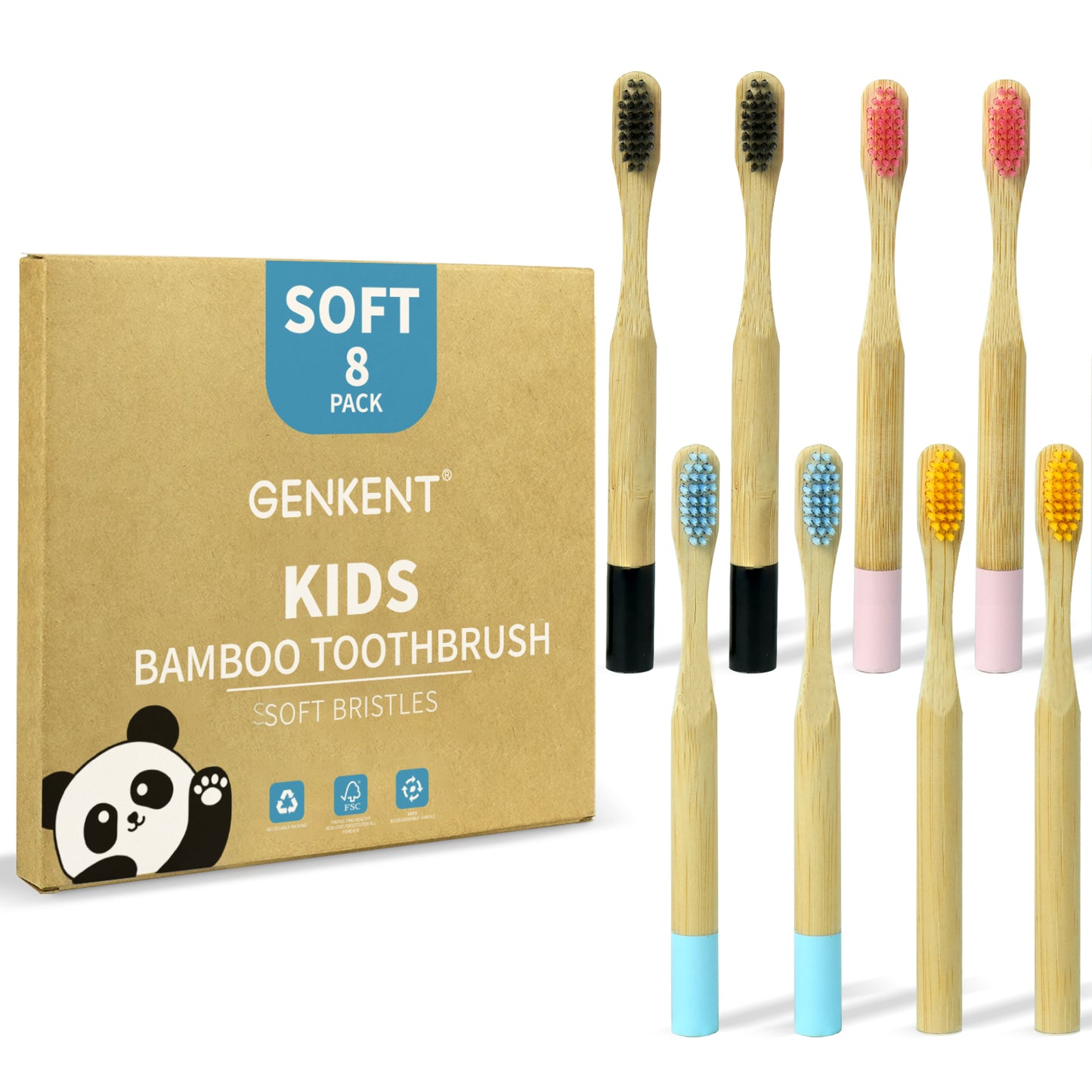 8 Pack BPA Free Kids Bamboo Toothbrushes with Individually Wrapped Eco-Friendly Natural Compostable Wooden Toothbrushes