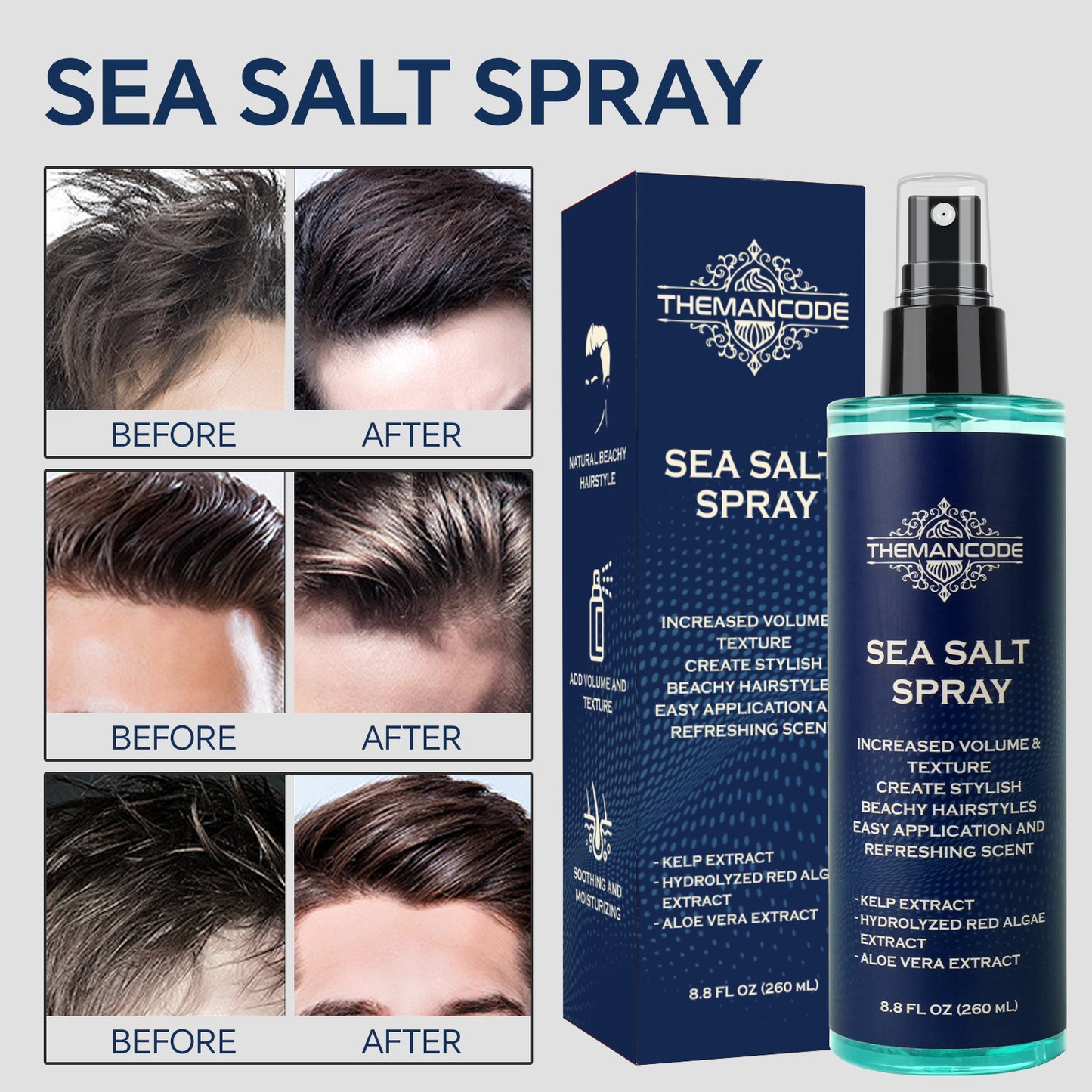 8.8 FL OZ Sea Salt Spray for Hair Men, Hair Texturizing Sea Salt Spray for Men