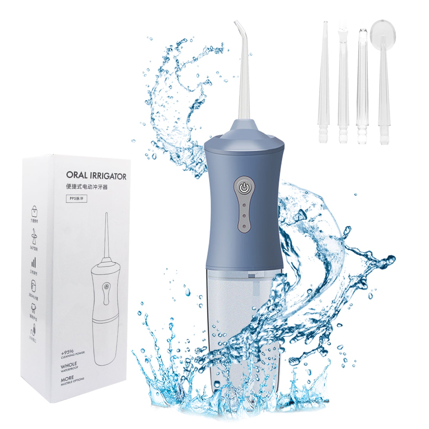 Genkent Cordless Portable Water Flosser Dental Teeth Cleaner, Professional Rechargeabl Oral Irrigator with 4 Jets and 300ML Tank, Blue