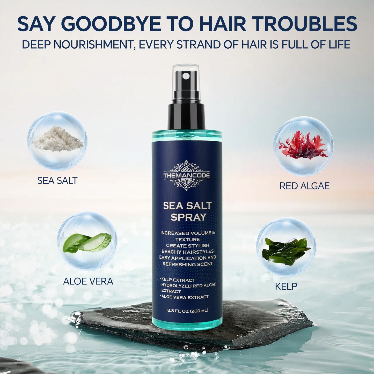 8.8 FL OZ Sea Salt Spray for Hair Men, Hair Texturizing Sea Salt Spray for Men