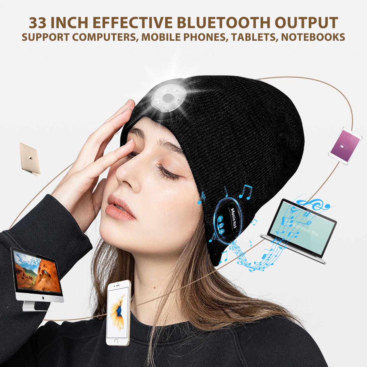 Music Beanie Hat with Flashlight for Men Women, Winter Warm Knitted Beanie Bluetooth Wireless Hat for Outdoor Skiing Running