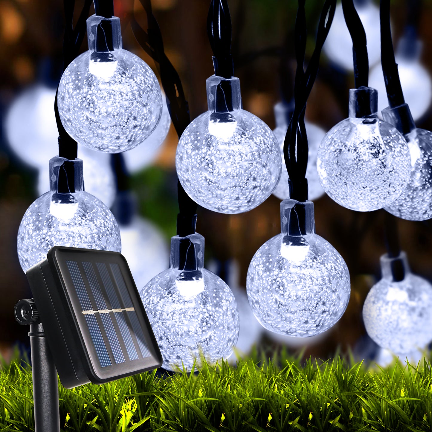 WM Solar String Lights Outdoor 30 LED 20ft Crystal Globe Lights Waterproof with 8 Lighting Modes for Outdoor Garden Wedding Party Halloween Xmas Decor